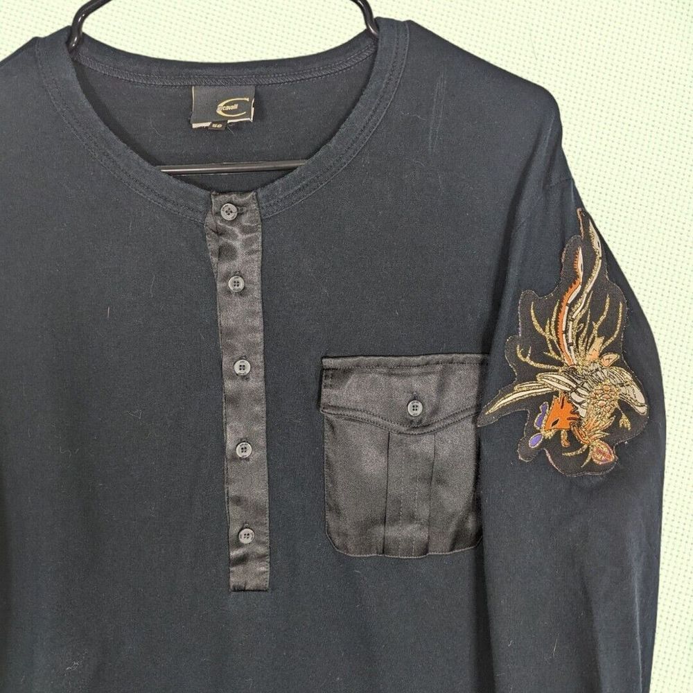 Just‎ Roberto Cavalli shirt Men 56 3XL SILK pocket Dragon Patch Long Sleeves